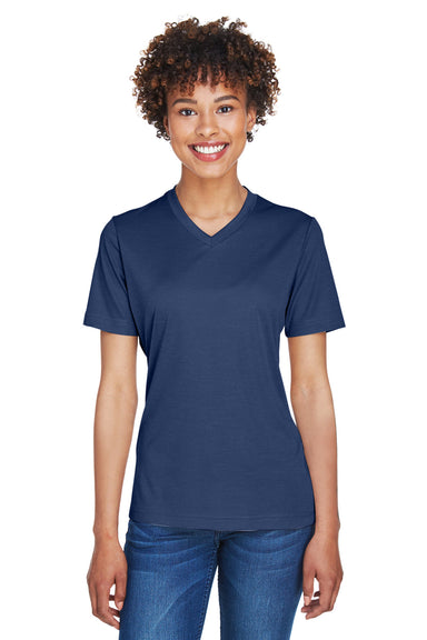 Team 365 TT11HW Womens Sonic Performance Heather Moisture Wicking Short Sleeve V-Neck T-Shirt Navy Blue Front
