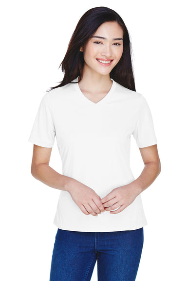 Team 365 TT11W Womens Zone Performance Moisture Wicking Short Sleeve V-Neck T-Shirt White Front