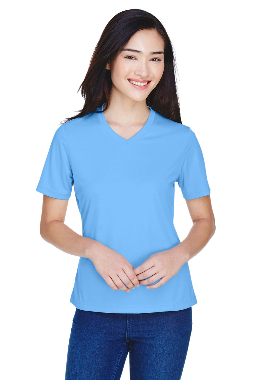 Team 365 TT11W Womens Zone Performance Moisture Wicking Short Sleeve V-Neck T-Shirt Light Blue Front