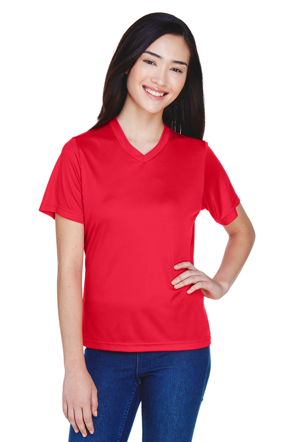 Team 365 TT11W Womens Zone Performance Moisture Wicking Short Sleeve V-Neck T-Shirt Red Front