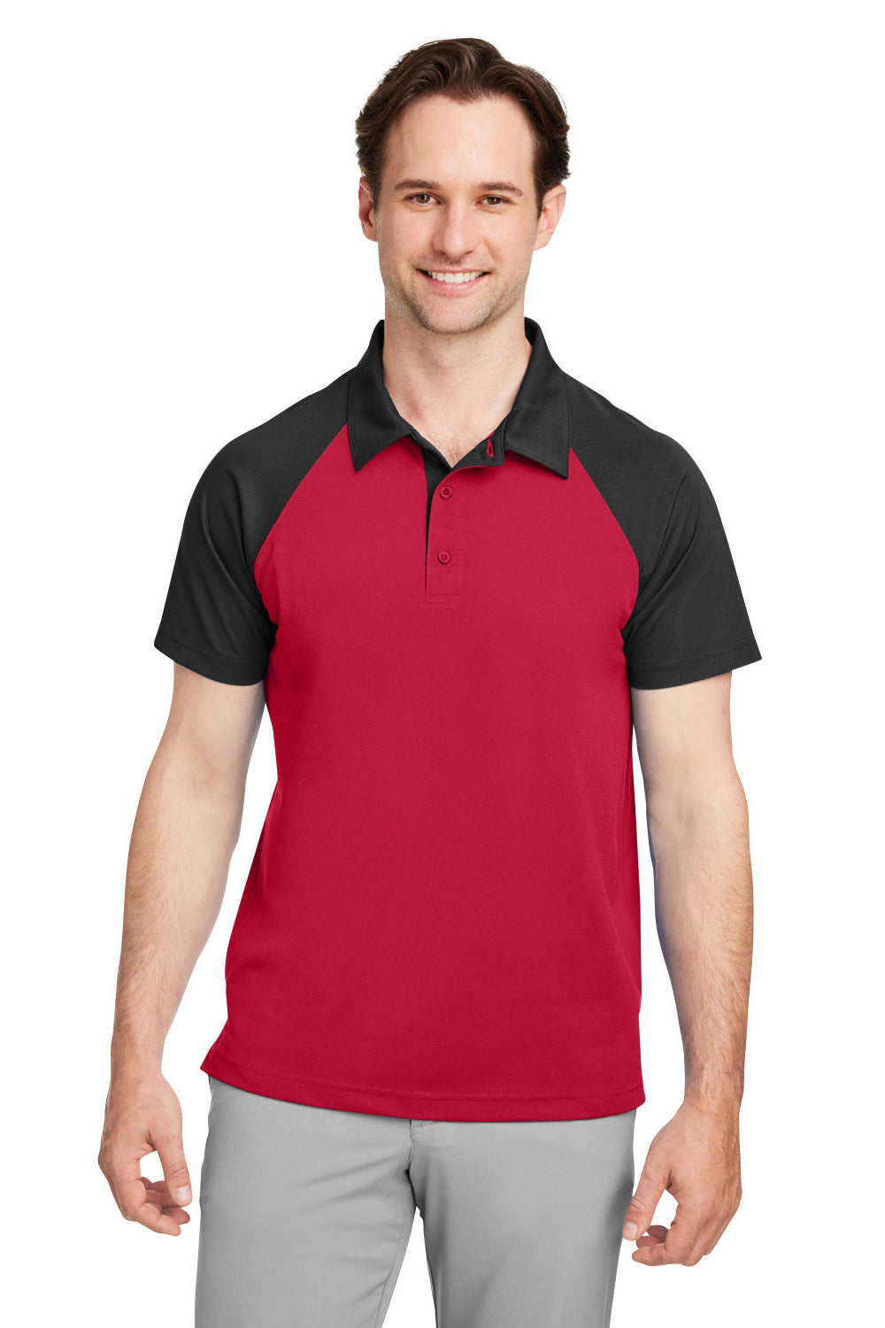 Team 365 TT21C Mens Command Colorblock Moisture Wicking Short Sleeve Polo Shirt Red/Black Front