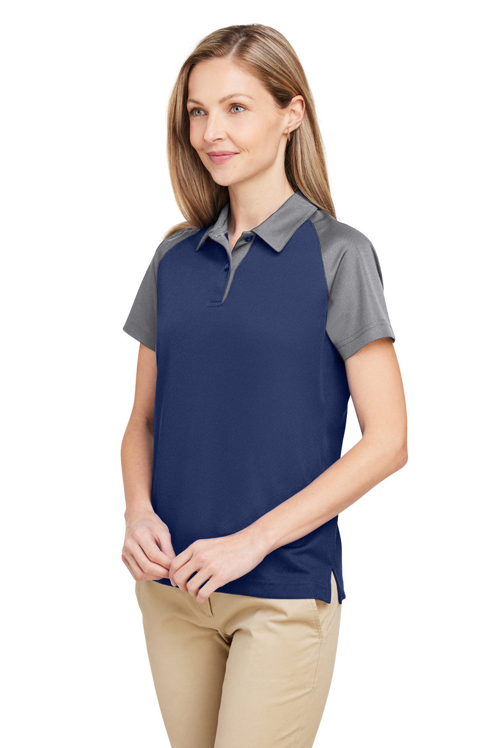 Team 365 TT21CW Womens Command Colorblock Moisture Wicking Short Sleeve Polo Shirt Dark Navy Blue/Graphite Grey 3Q
