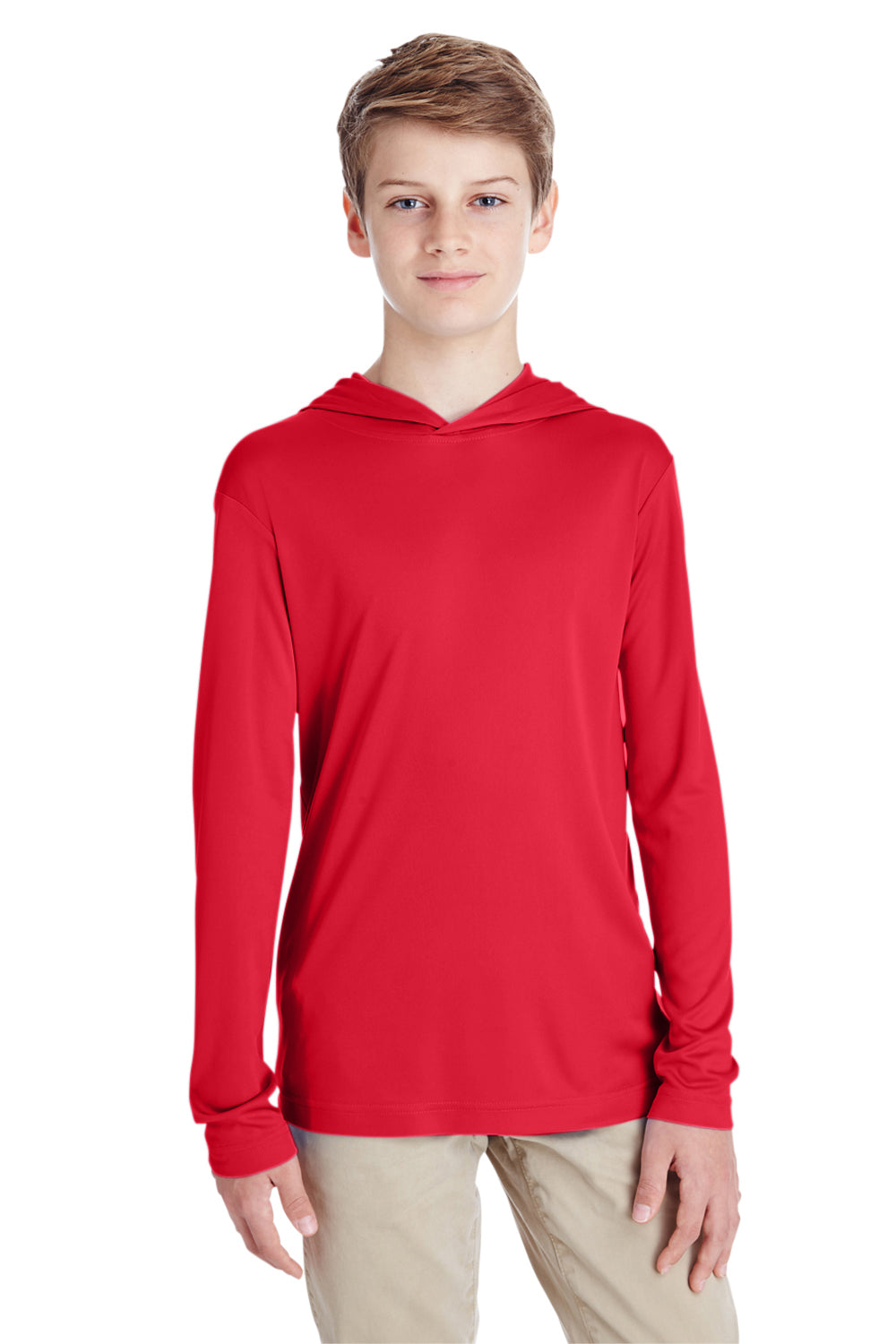 Team 365 TT41Y Youth Zone Performance Moisture Wicking Long Sleeve Hooded T-Shirt Hoodie Red Front