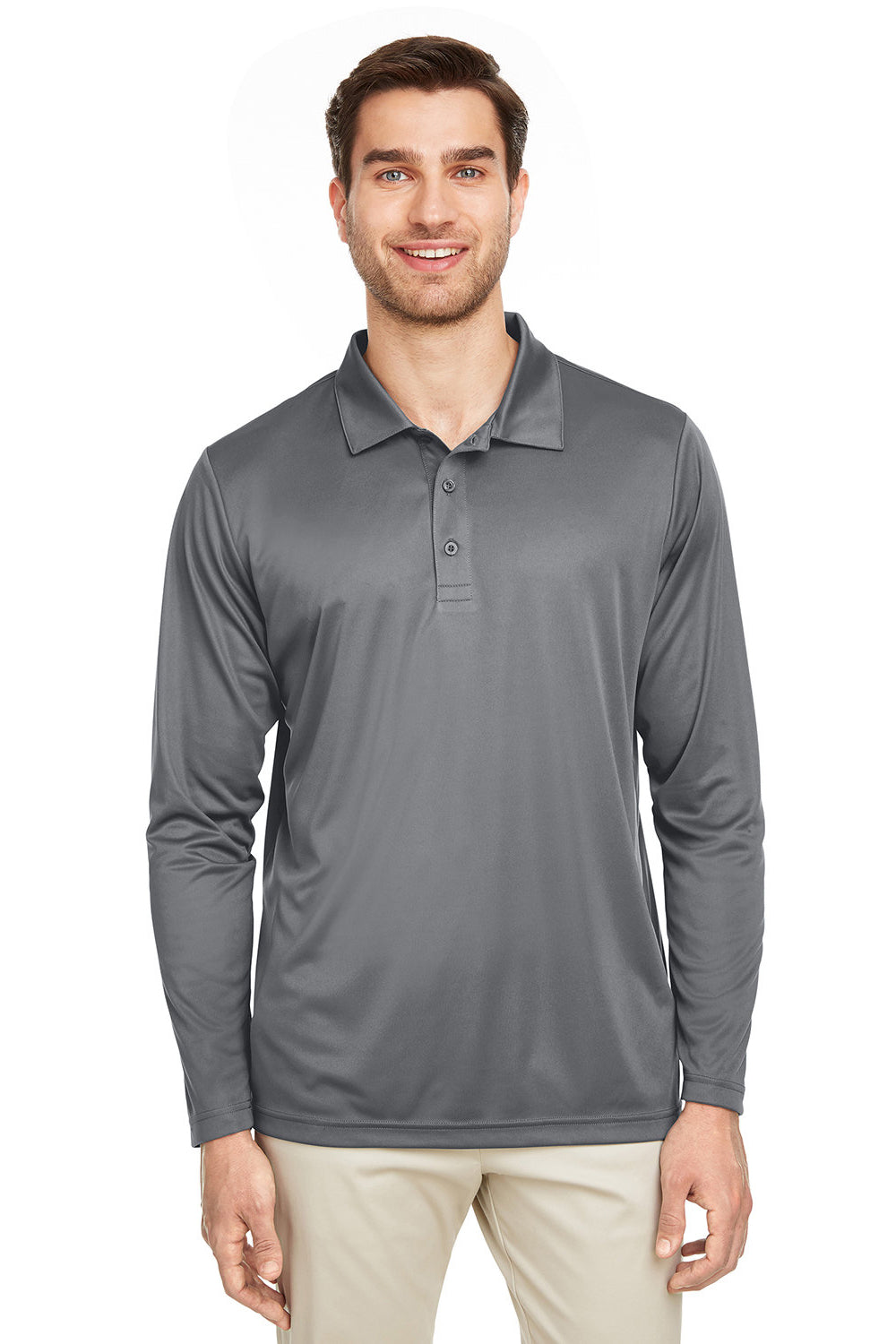 Team 365 TT51L Mens Zone Sonic Moisture Wicking Long Sleeve Polo Shirt Graphite Grey Front