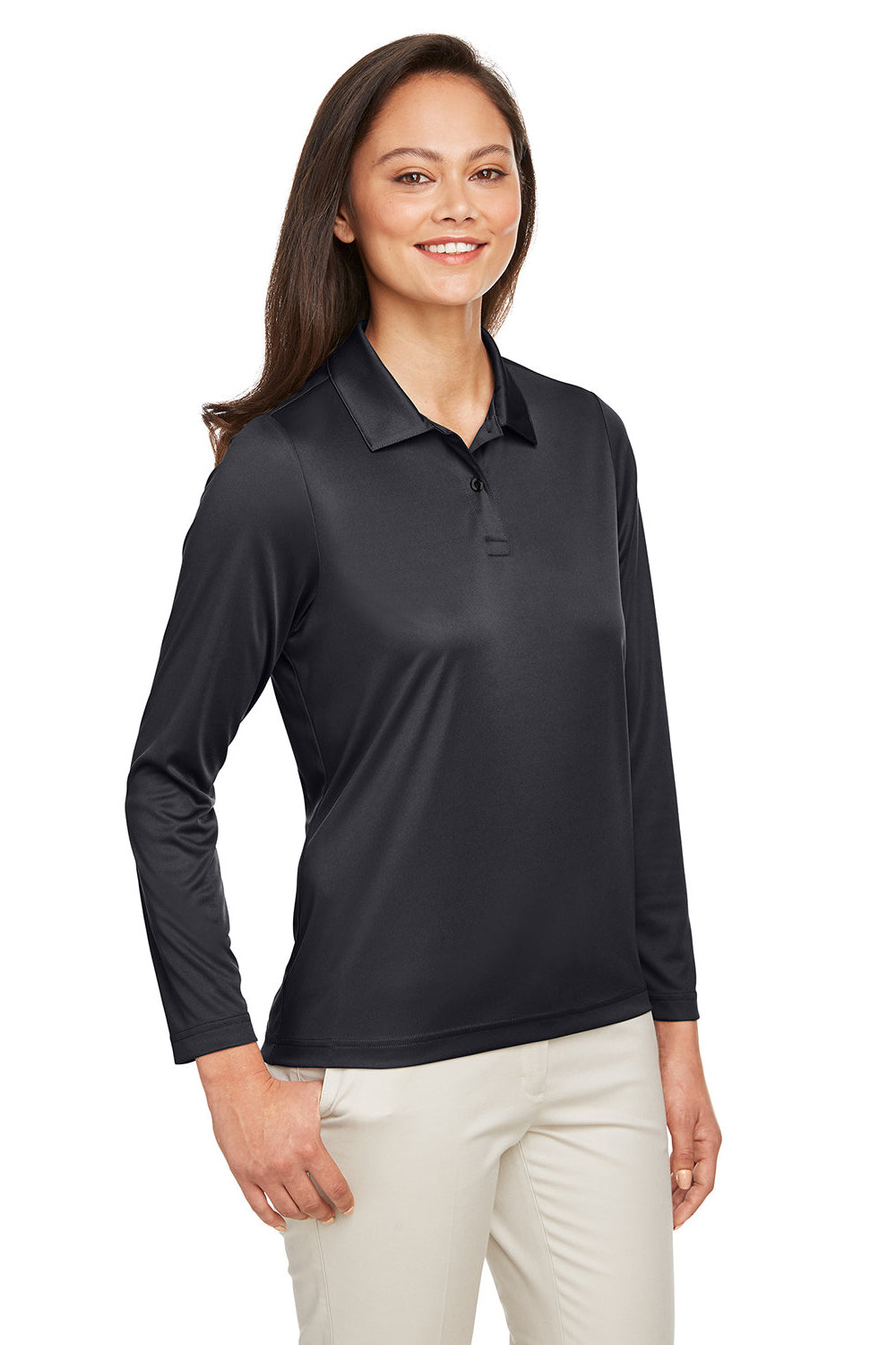 Team 365 TT51LW Womens Zone Sonic Moisture Wicking Long Sleeve Polo Shirt Black 3Q