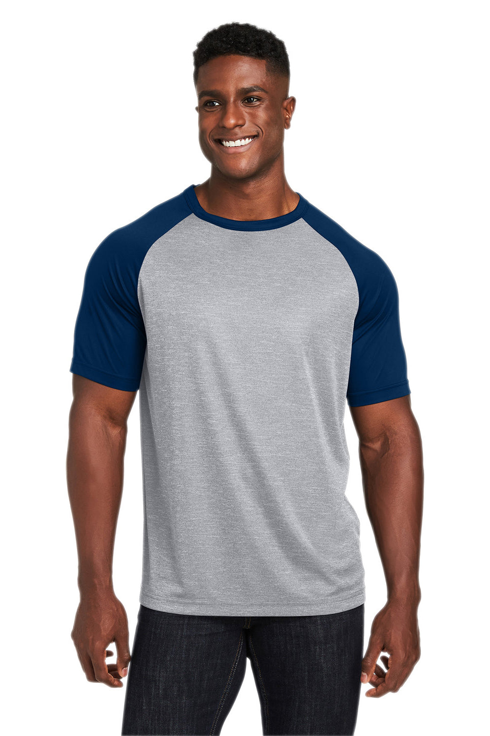 Team 365 TT62 Mens Zone Colorblock Moisture Wicking Short Sleeve Crewneck T-Shirt Heather Grey/Dark Navy Blue Front
