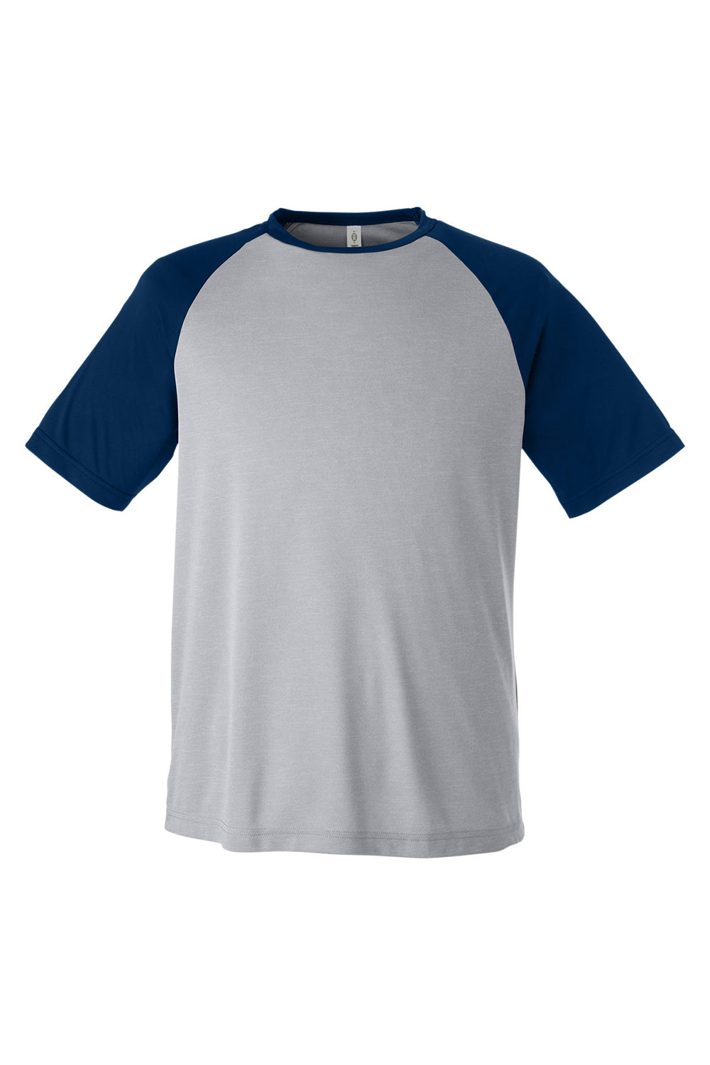 Team 365 TT62 Mens Zone Colorblock Moisture Wicking Short Sleeve Crewneck T-Shirt Heather Grey/Dark Navy Blue Flat Front