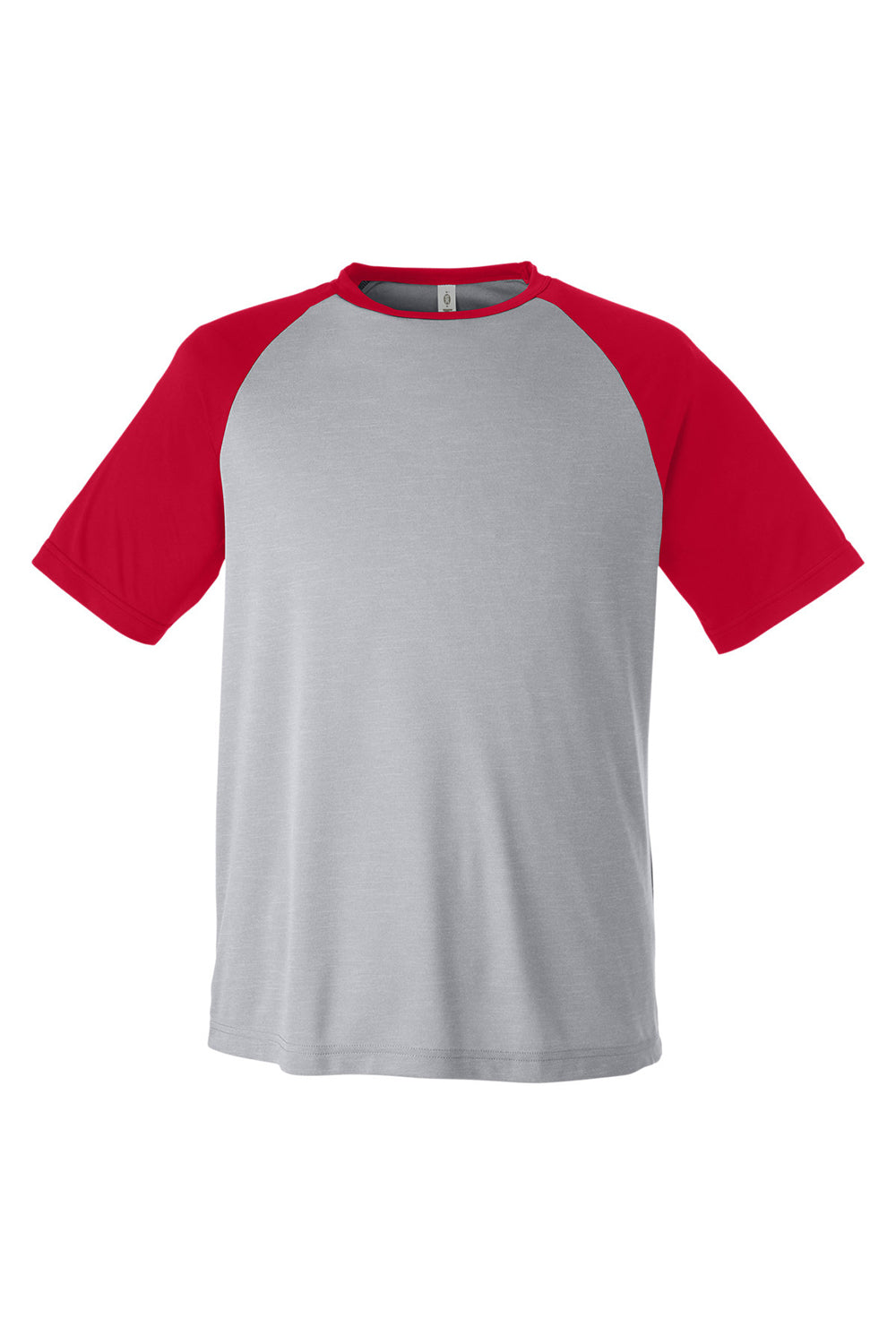 Team 365 TT62 Mens Zone Colorblock Moisture Wicking Short Sleeve Crewneck T-Shirt Heather Grey/Red Flat Front