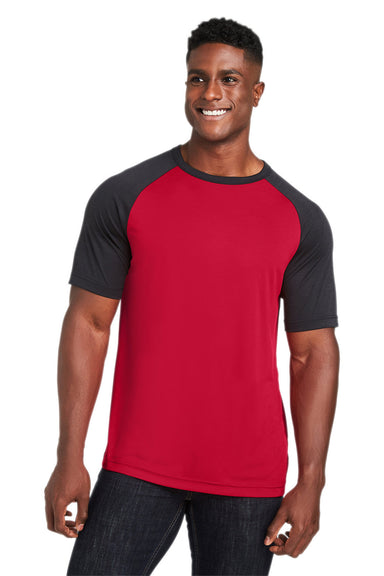 Team 365 TT62 Mens Zone Colorblock Moisture Wicking Short Sleeve Crewneck T-Shirt Red/Heather Black Front