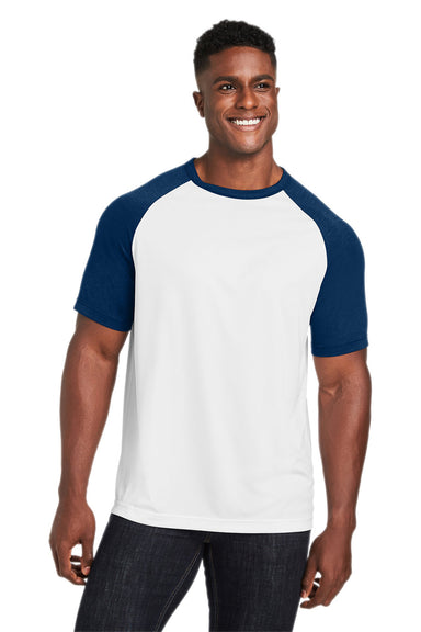Team 365 TT62 Mens Zone Colorblock Moisture Wicking Short Sleeve Crewneck T-Shirt White/Heather Dark Navy Blue Front