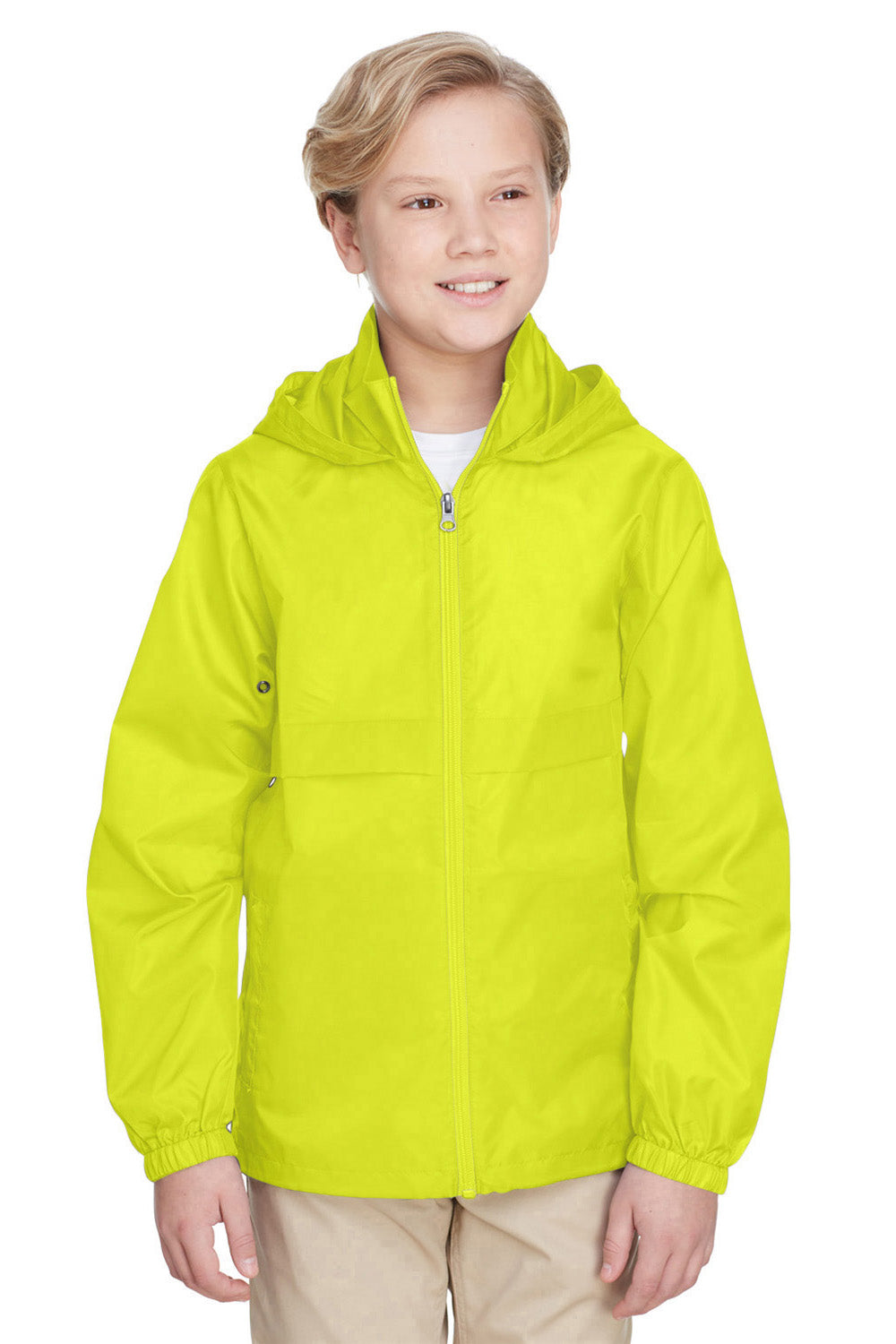 Team 365 TT73Y Youth Zone Protect Water Resistant Full Zip Hooded Jacket Safety Yellow Front