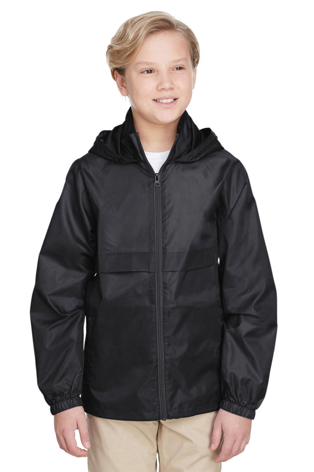 Team 365 TT73Y Youth Zone Protect Water Resistant Full Zip Hooded Jacket Black Front