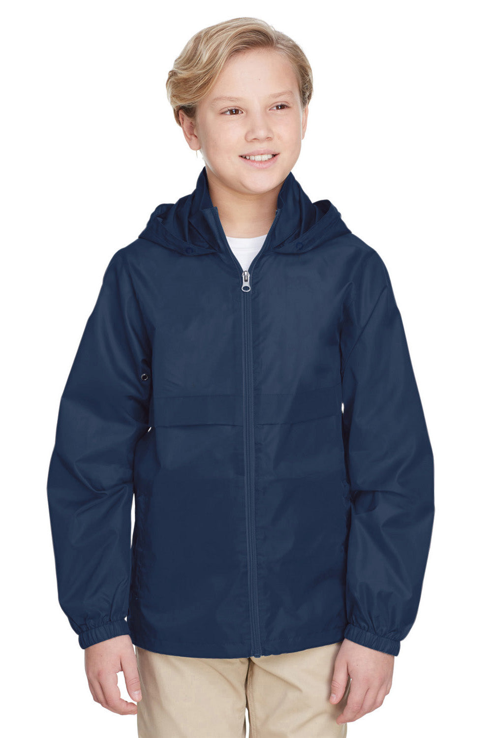 Team 365 TT73Y Youth Zone Protect Water Resistant Full Zip Hooded Jacket Navy Blue Front