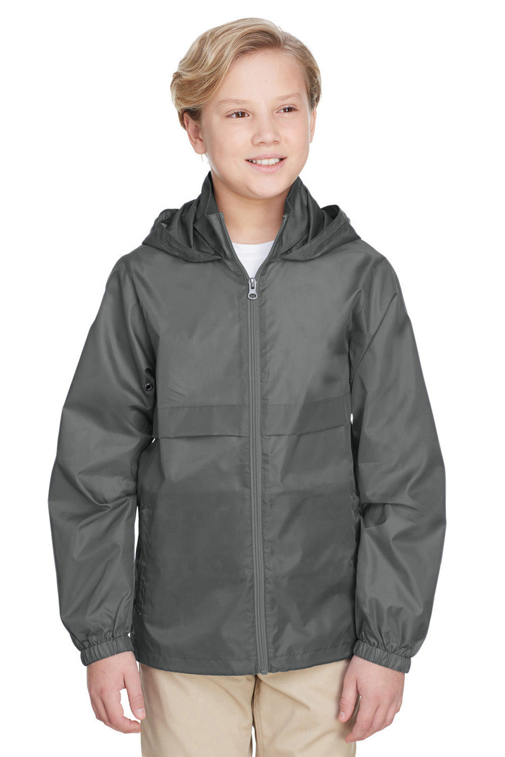 Team 365 TT73Y Youth Zone Protect Water Resistant Full Zip Hooded Jacket Graphite Grey Front