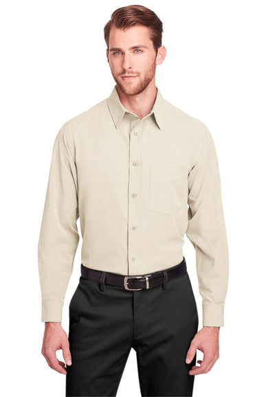 UltraClub UC500 Mens Bradley Performance Moisture Wicking Long Sleeve Button Down Shirt w/ Pocket Stone Brown Front