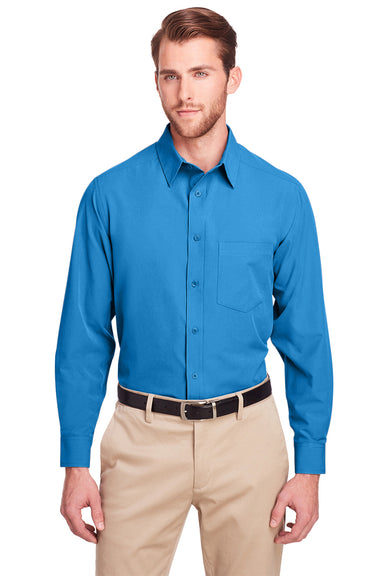 UltraClub UC500 Mens Bradley Performance Moisture Wicking Long Sleeve Button Down Shirt w/ Pocket Pacific Blue Front