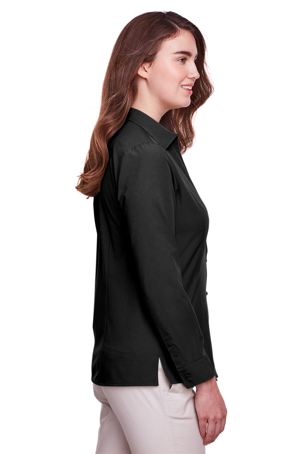 UltraClub UC500W Womens Bradley Performance Moisture Wicking Long Sleeve Button Down Shirt Black Side