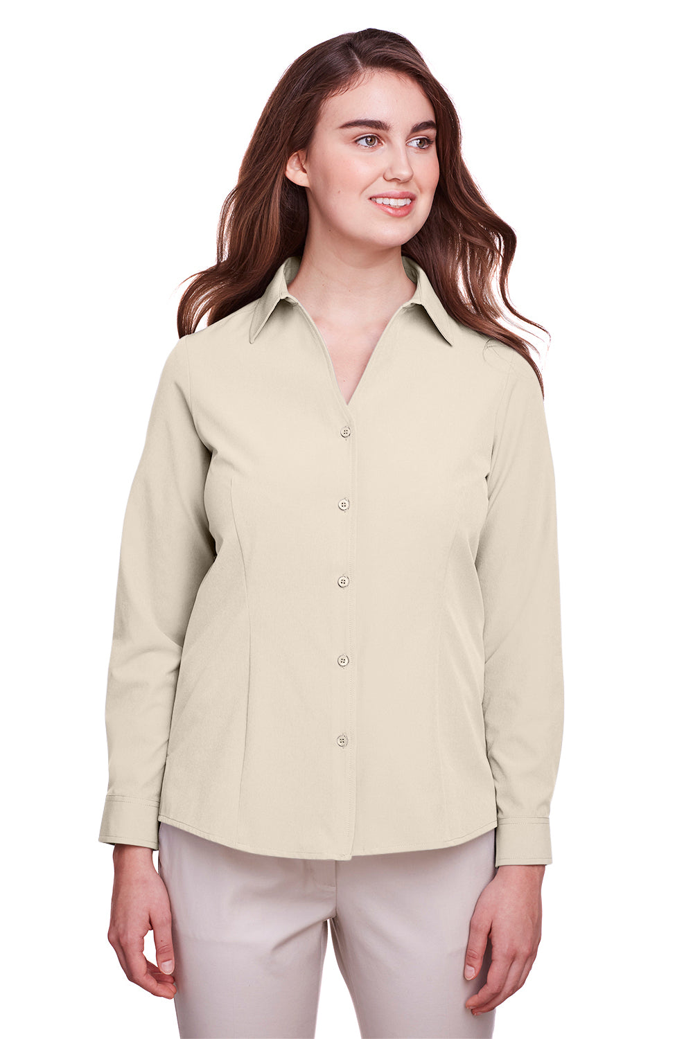 UltraClub UC500W Womens Bradley Performance Moisture Wicking Long Sleeve Button Down Shirt Stone Brown Front