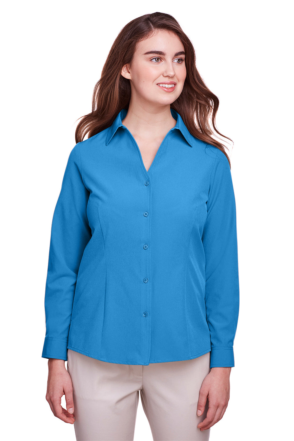 UltraClub UC500W Womens Bradley Performance Moisture Wicking Long Sleeve Button Down Shirt Pacific Blue Front