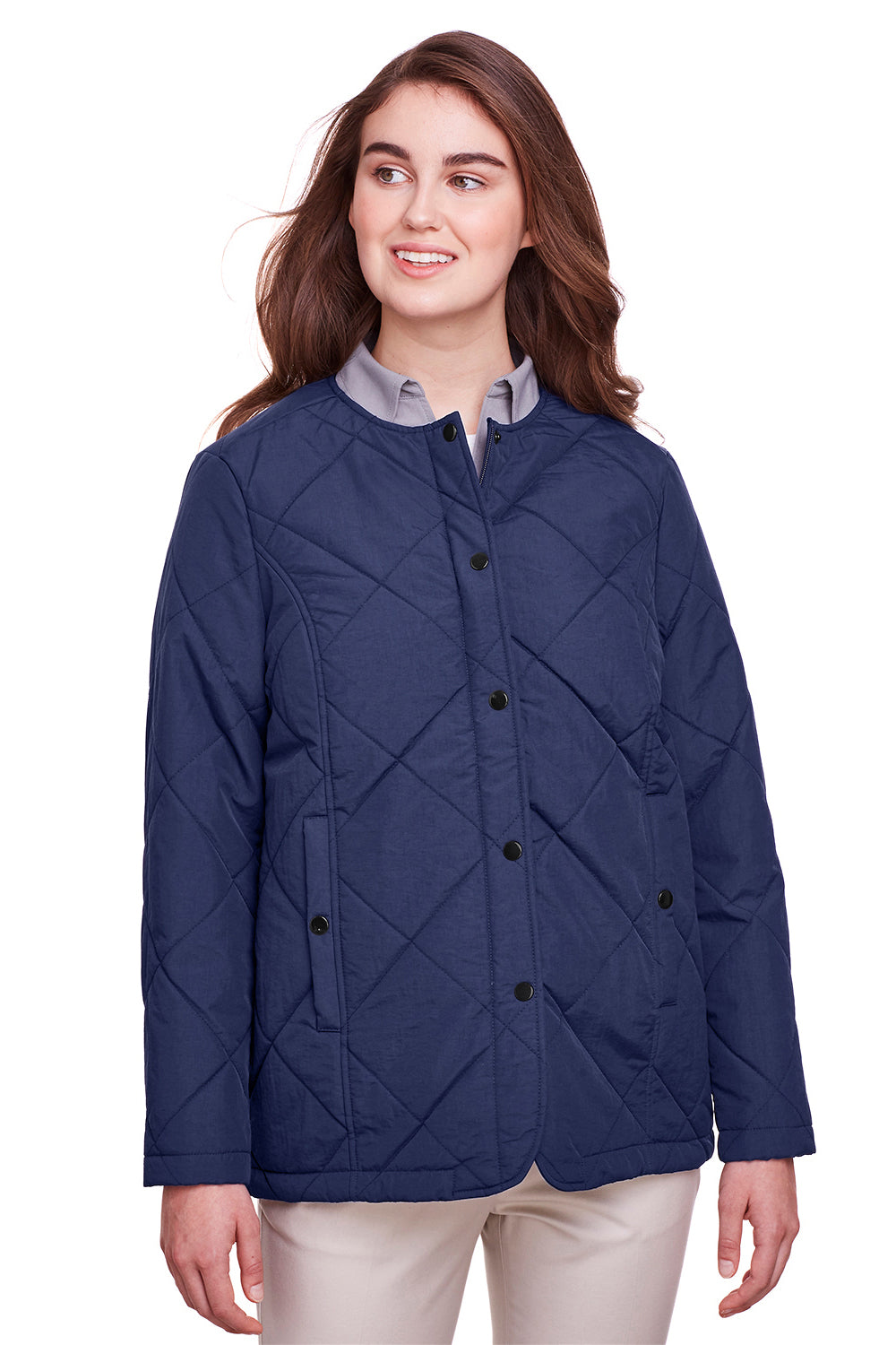 UltraClub UC708W Womens Dawson Quilted Full Zip Jacket Navy Blue Front