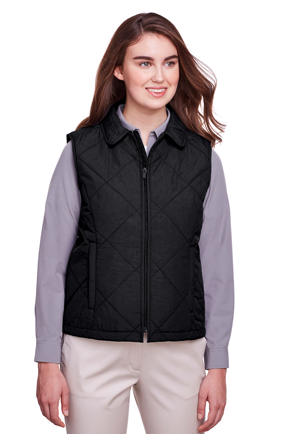 UltraClub UC709W Womens Dawson Quilted Full Zip Vest Black Front