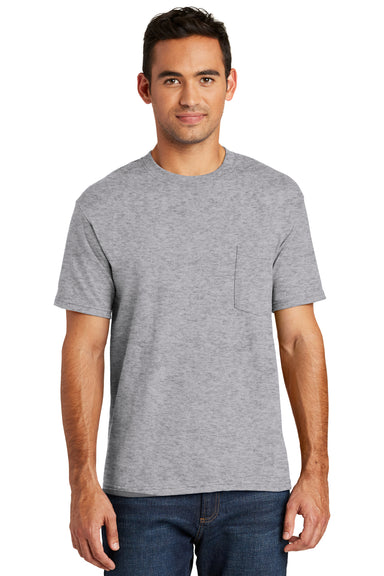 Port & Company USA100P Mens USA Made Short Sleeve Crewneck T-Shirt w/ Pocket Heather Grey Front