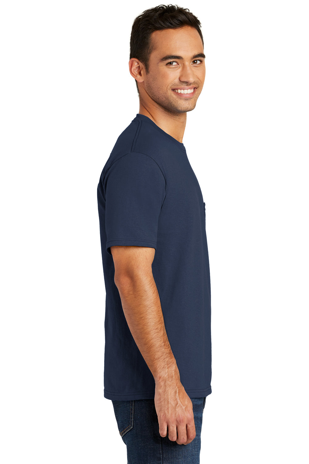 Port & Company USA100P Mens USA Made Short Sleeve Crewneck T-Shirt w/ Pocket Navy Blue Side