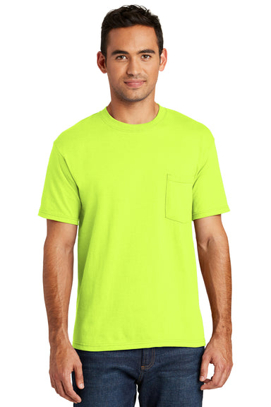 Port & Company USA100P Mens USA Made Short Sleeve Crewneck T-Shirt w/ Pocket Safety Green Front