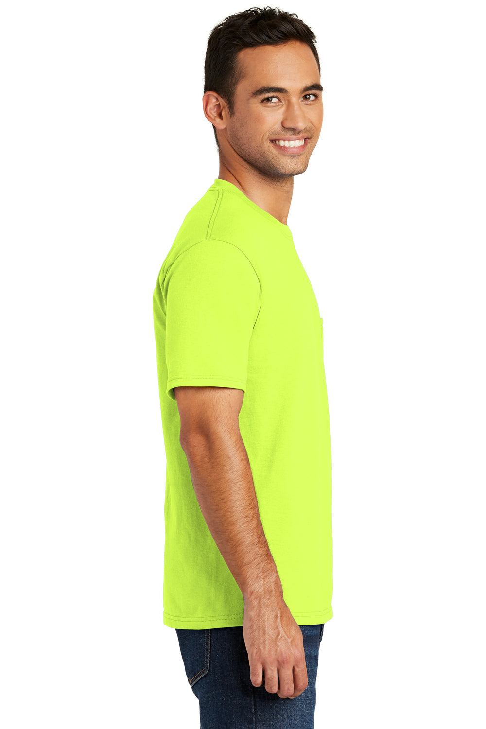 Port & Company USA100P Mens USA Made Short Sleeve Crewneck T-Shirt w/ Pocket Safety Green Side