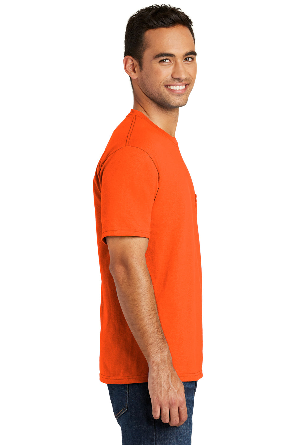 Port & Company USA100P Mens USA Made Short Sleeve Crewneck T-Shirt w/ Pocket Safety Orange Side