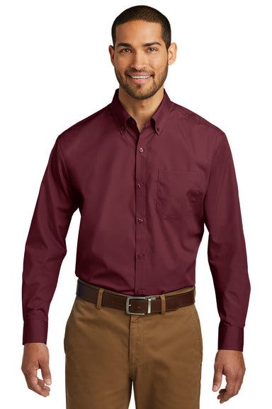 Port Authority W100 Mens Carefree Stain Resistant Long Sleeve Button Down Shirt w/ Pocket Burgundy Front