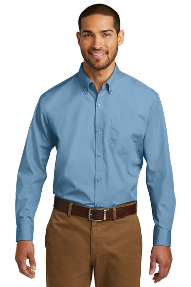 Port Authority W100 Mens Carefree Stain Resistant Long Sleeve Button Down Shirt w/ Pocket Carolina Blue Front