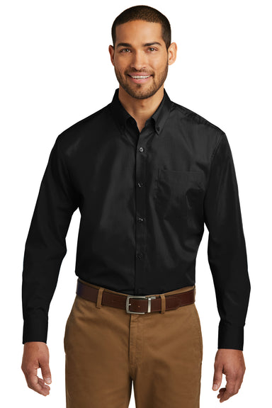 Port Authority W100 Mens Carefree Stain Resistant Long Sleeve Button Down Shirt w/ Pocket Black Front