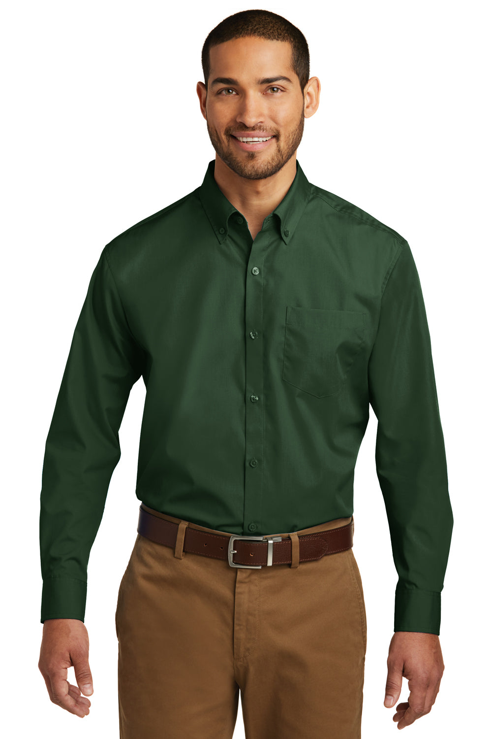 Port Authority W100/TW100 Mens Deep Forest Green Carefree Stain Resistant Long  Sleeve Button Down Shirt w/ Pocket —
