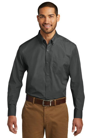 Port Authority W100 Mens Carefree Stain Resistant Long Sleeve Button Down Shirt w/ Pocket Graphite Grey Front