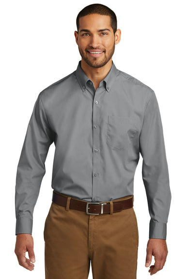 Port Authority W100 Mens Carefree Stain Resistant Long Sleeve Button Down Shirt w/ Pocket Gusty Grey Front