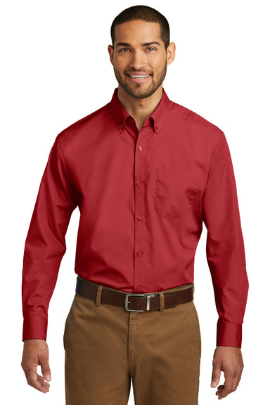 Port Authority W100 Mens Carefree Stain Resistant Long Sleeve Button Down Shirt w/ Pocket Red Front
