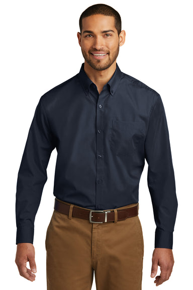 Port Authority W100 Mens Carefree Stain Resistant Long Sleeve Button Down Shirt w/ Pocket Navy Blue Front
