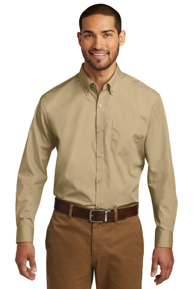 Port Authority W100 Mens Carefree Stain Resistant Long Sleeve Button Down Shirt w/ Pocket Wheat Front