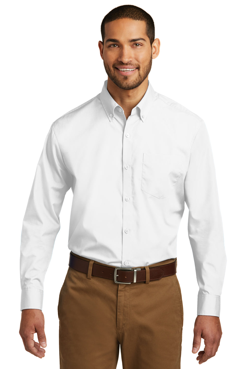 Port Authority W100 Mens Carefree Stain Resistant Long Sleeve Button Down Shirt w/ Pocket White Front