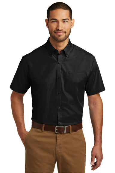 Port Authority W101 Mens Carefree Stain Resistant Short Sleeve Button Down Shirt w/ Pocket Black Front