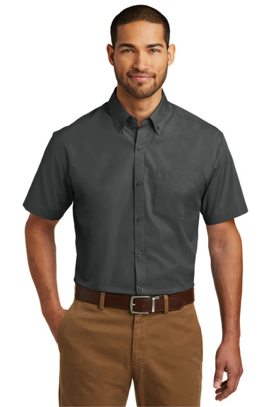 Port Authority W101 Mens Carefree Stain Resistant Short Sleeve Button Down Shirt w/ Pocket Graphite Grey Front