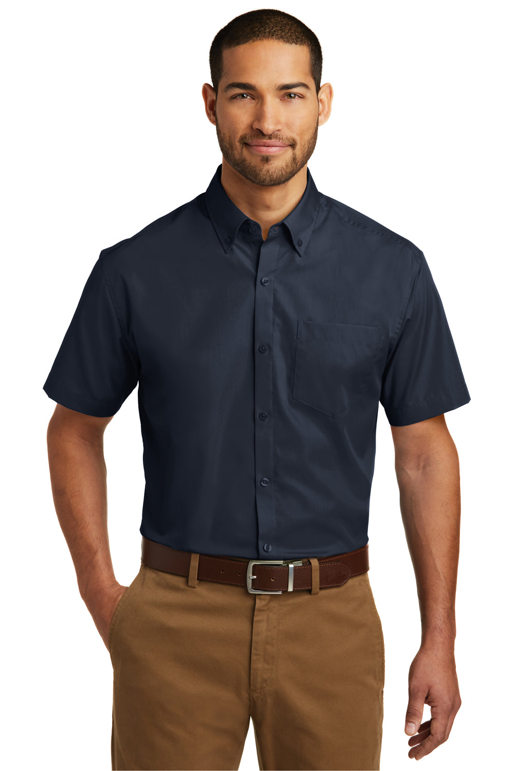 Port Authority W101 Mens Carefree Stain Resistant Short Sleeve Button Down Shirt w/ Pocket Navy Blue Front