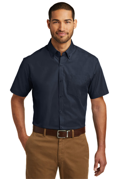 Port Authority W101 Mens Carefree Stain Resistant Short Sleeve Button Down Shirt w/ Pocket Navy Blue Front