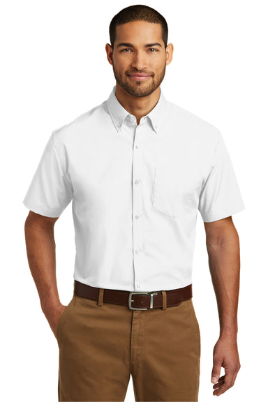 Port Authority W101 Mens Carefree Stain Resistant Short Sleeve Button Down Shirt w/ Pocket White Front