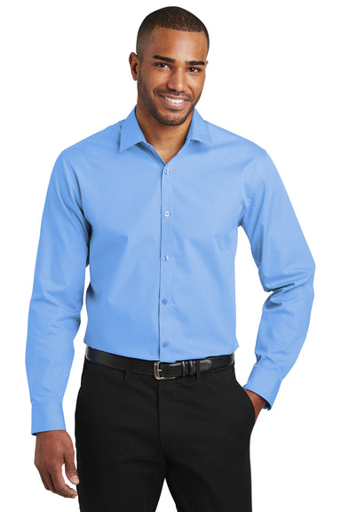 Port Authority W103 Mens Carefree Stain Resistant Long Sleeve Button Down Shirt Carolina Blue Front