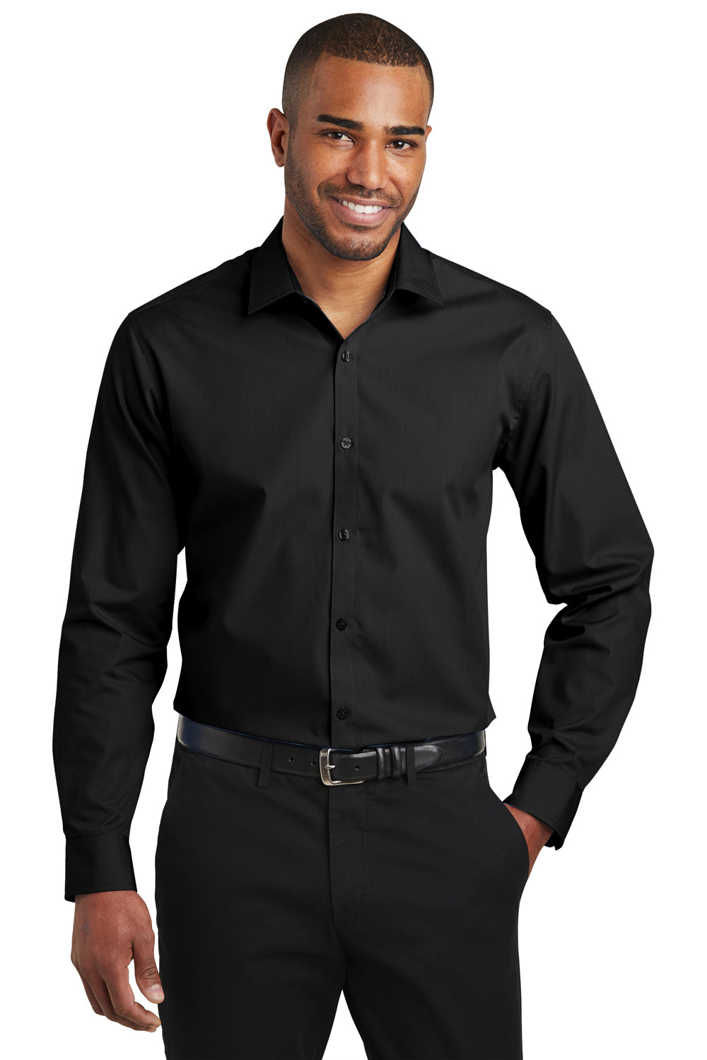 Port Authority W103 Mens Carefree Stain Resistant Long Sleeve Button Down Shirt Black Front