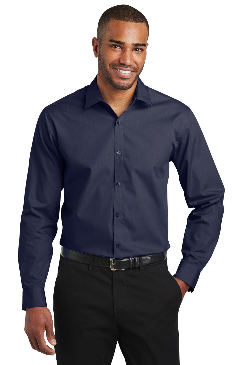 Port Authority W103 Mens Carefree Stain Resistant Long Sleeve Button Down Shirt Navy Blue Front