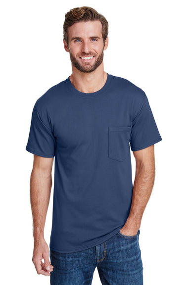 Hanes W110 Mens Workwear Short Sleeve Crewneck T-Shirt w/ Pocket Navy Blue Front