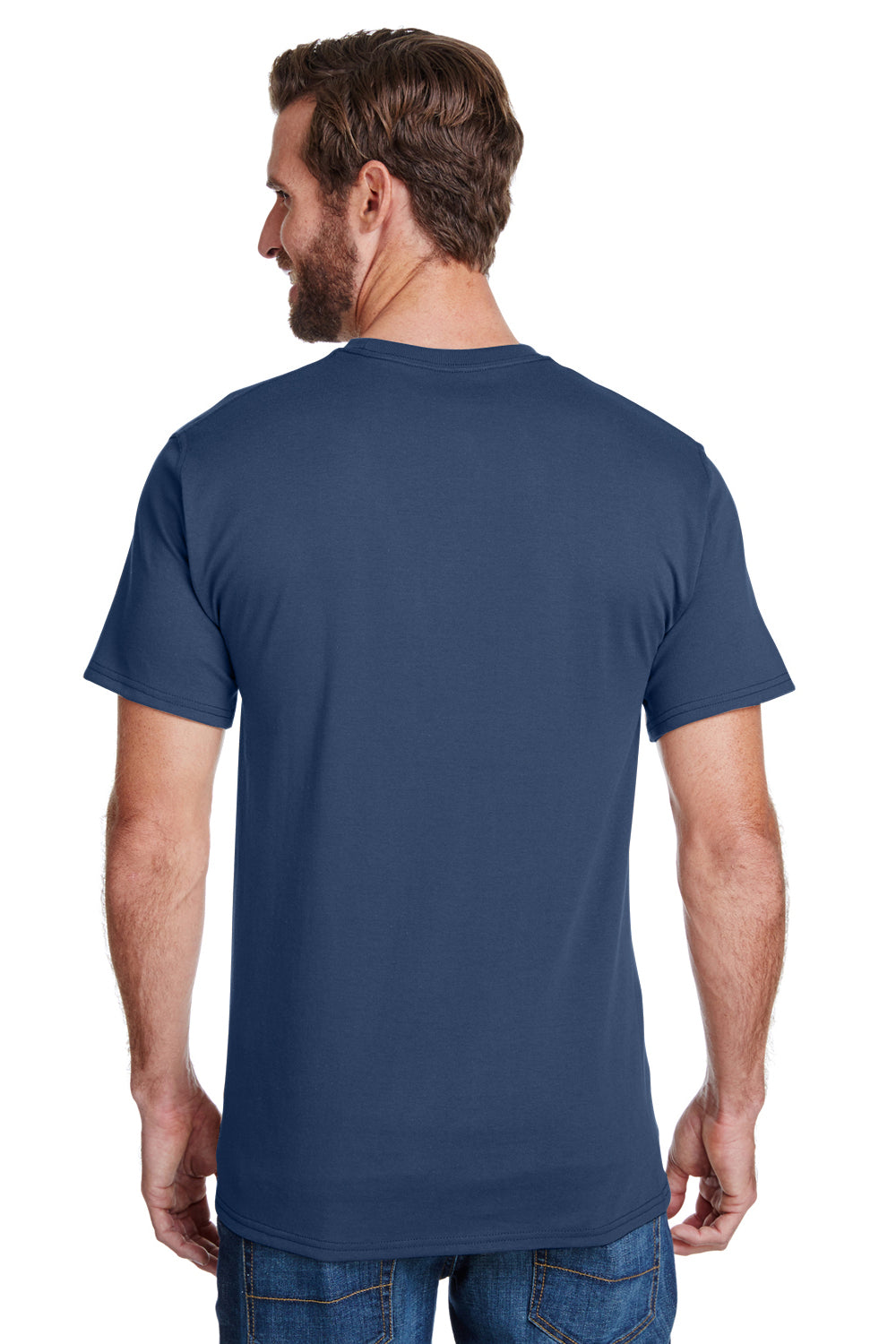 Hanes W110 Mens Workwear Short Sleeve Crewneck T-Shirt w/ Pocket Navy Blue Back